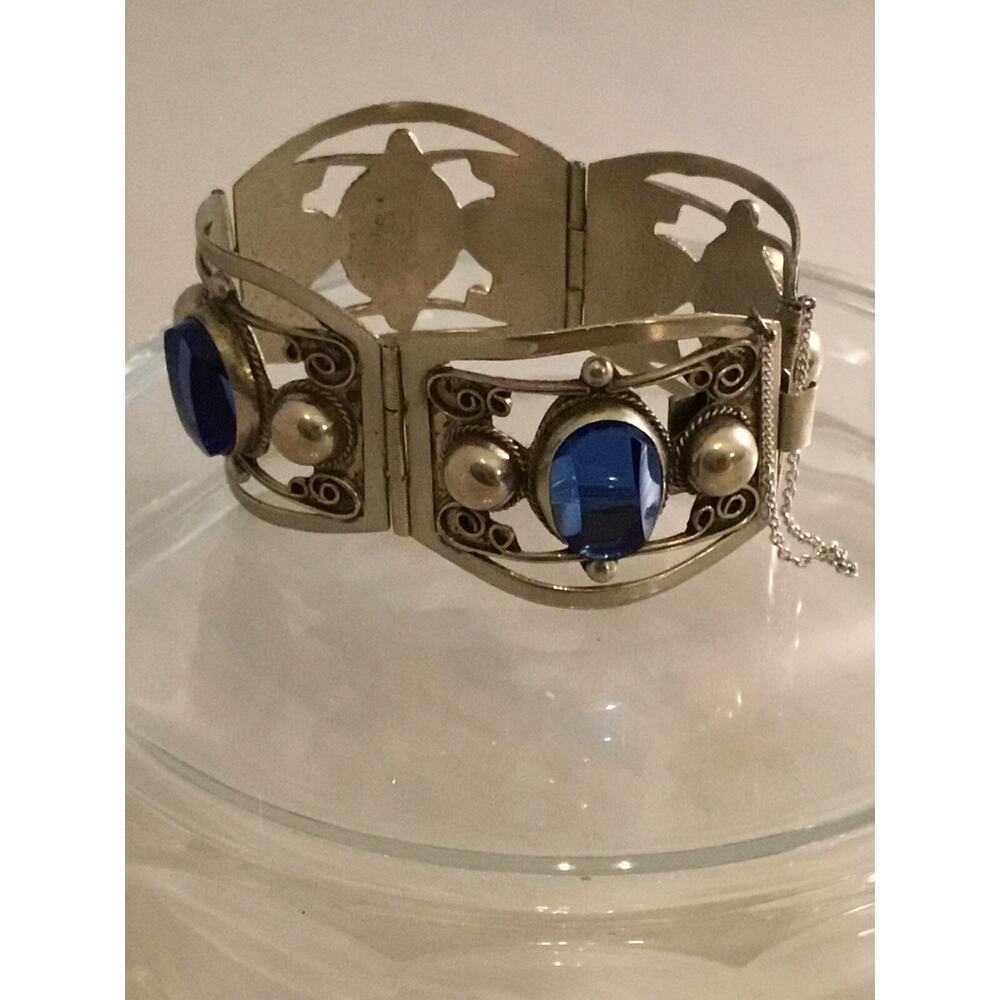 Vintage Pre 1946 Taxco Sterling Panel Bracelet w/Blue Glass Faceted Cabochons